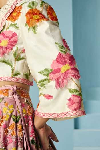 Buy_Chandrima_Ivory Chanderi Beads, Fringe Shawl Neck Beadwork Bolero Jacket _Online_at_Aza_Fashions
