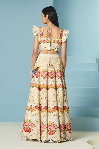 Shop_Chandrima_Ivory Chanderi Beads, Cut Work Beadwork Lehenga _at_Aza_Fashions