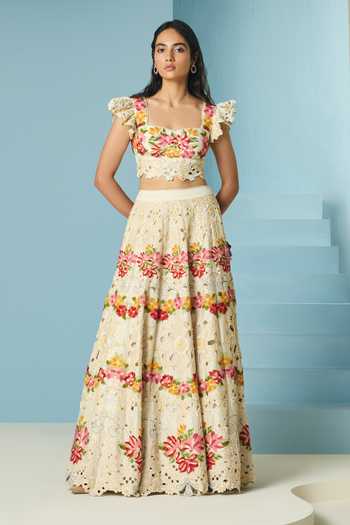 Buy_Chandrima_Ivory Chanderi Beads, Cut Work Beadwork Lehenga _at_Aza_Fashions