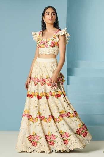 Buy_Chandrima_Ivory Chanderi Beads, Cut Work Beadwork Lehenga _Online_at_Aza_Fashions