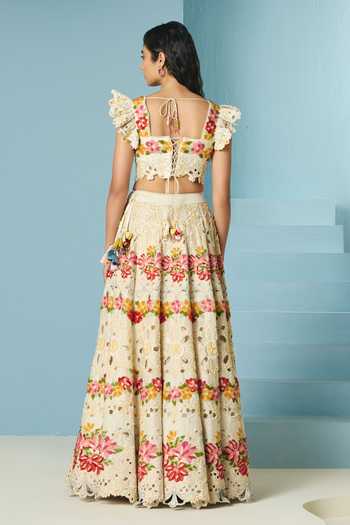 Shop_Chandrima_Ivory Chanderi Beads, Cut Work Square Neck Beadwork Bustier _at_Aza_Fashions
