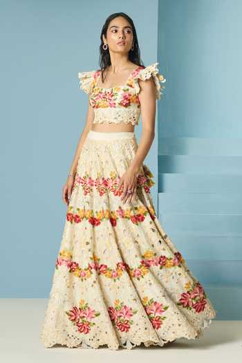 Chandrima_Ivory Chanderi Beads, Cut Work Square Neck Beadwork Bustier _Online_at_Aza_Fashions