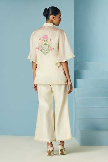 Shop_Chandrima_Ivory Silk Organza Beads, Applique Mandarin Collar Beadwork Shirt Kaftan _at_Aza_Fashions