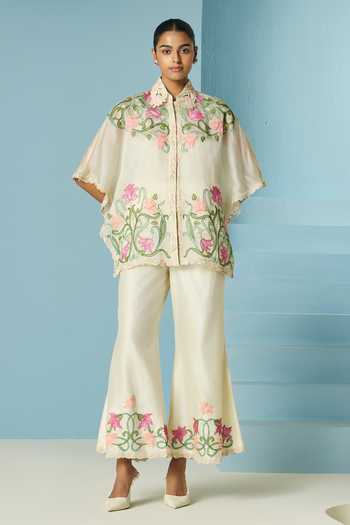 Chandrima_Ivory Silk Organza Beads, Applique Mandarin Collar Beadwork Shirt Kaftan _Online_at_Aza_Fashions