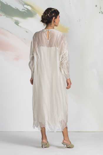 Shop_Ilk_Ivory Silk, Tissue Embroidery, Zari Round Neck, Keyhole Leaflight Midi Dress _at_Aza_Fashions