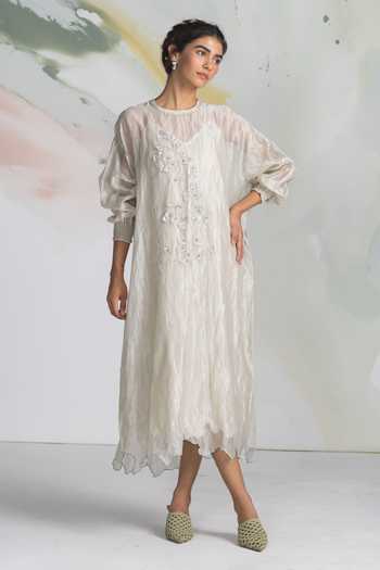 Buy_Ilk_Ivory Silk, Tissue Embroidery, Zari Round Neck, Keyhole Leaflight Midi Dress _at_Aza_Fashions