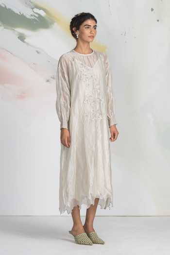 Ilk_Ivory Silk, Tissue Embroidery, Zari Round Neck, Keyhole Leaflight Midi Dress _Online_at_Aza_Fashions