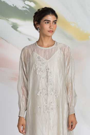 Buy_Ilk_Ivory Silk, Tissue Embroidery, Zari Round Neck, Keyhole Leaflight Midi Dress _Online_at_Aza_Fashions