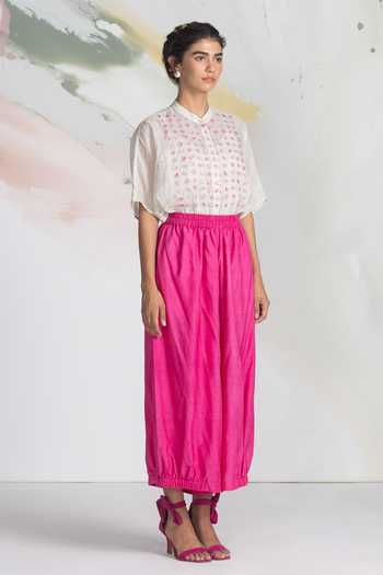 Ilk_Pink Silk, Cotton, Tissue Embroidery Mandarin Collar Mosaic Patchwork Shirt _Online_at_Aza_Fashions