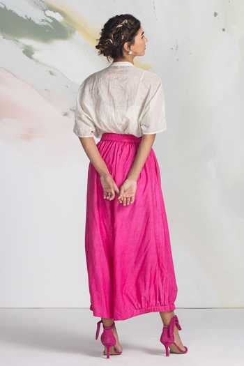 Shop_Ilk_Pink Silk, Cotton, Tissue Embroidery Mandarin Collar Mosaic Patchwork Shirt _at_Aza_Fashions