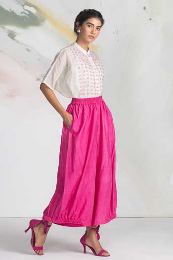 Buy_Ilk_Pink Silk, Cotton, Tissue Embroidery Mandarin Collar Mosaic Patchwork Shirt _at_Aza_Fashions