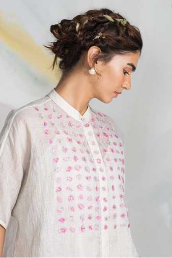 Buy_Ilk_Pink Silk, Cotton, Tissue Embroidery Mandarin Collar Mosaic Patchwork Shirt _Online_at_Aza_Fashions