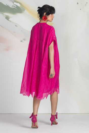 Shop_Ilk_Pink Chiffon, Mukaish Embroidery V-neck Ditsy Lichen Short Dress _at_Aza_Fashions