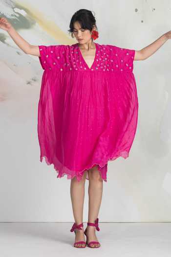 Buy_Ilk_Pink Chiffon, Mukaish Embroidery V-neck Ditsy Lichen Short Dress _at_Aza_Fashions