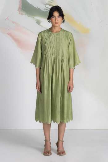 Buy_Ilk_Green Silk Embroidery Round Neck Flow Midi Dress _at_Aza_Fashions