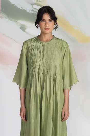 Shop_Ilk_Green Silk Embroidery Round Neck Flow Midi Dress _at_Aza_Fashions