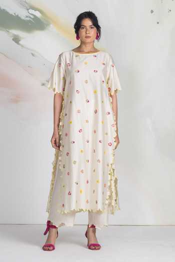 Buy_Ilk_Pink Silk, Chanderi, Satin Embroidery Round Neck, Yes Dity Edge Long Kurta _at_Aza_Fashions