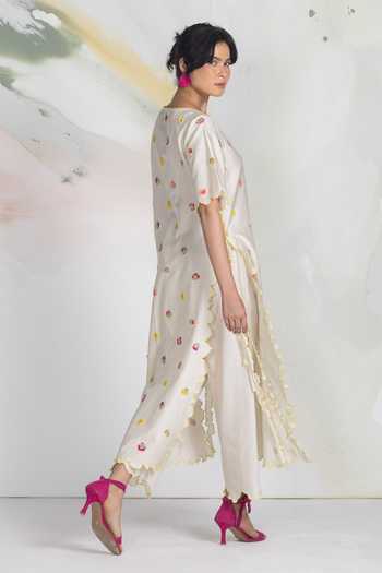 Shop_Ilk_Pink Silk, Chanderi, Satin Embroidery Round Neck, Yes Dity Edge Long Kurta _at_Aza_Fashions