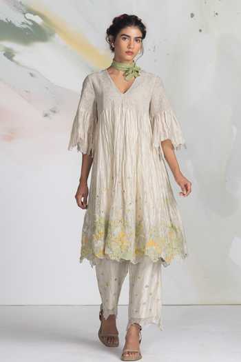 Ilk_Ivory Silk, Tissue Embroidery V-neck Smocked Speckle Dress _Online_at_Aza_Fashions