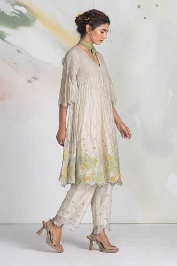 Buy_Ilk_Ivory Silk, Tissue Embroidery V-neck Smocked Speckle Dress _Online_at_Aza_Fashions