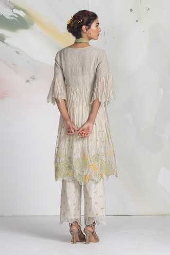 Shop_Ilk_Ivory Silk, Tissue Embroidery V-neck Smocked Speckle Dress _at_Aza_Fashions