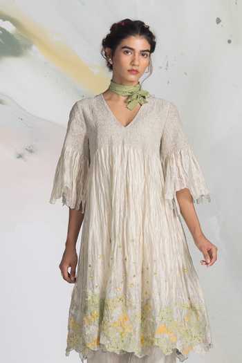 Shop_Ilk_Ivory Silk, Tissue Embroidery V-neck Smocked Speckle Dress _Online_at_Aza_Fashions