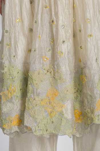 Ilk_Ivory Silk, Tissue Embroidery V-neck Smocked Speckle Dress _at_Aza_Fashions