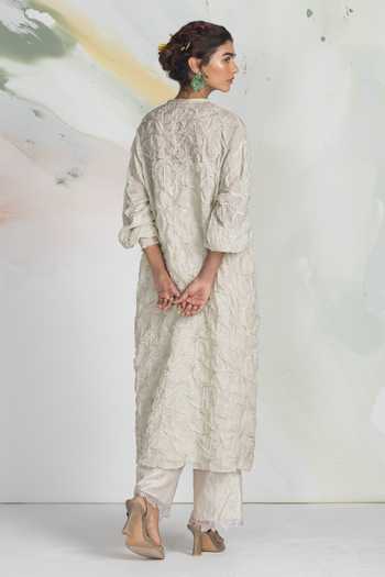 Shop_Ilk_Ivory Silk, Tissue Embroidery, Beads V-neck Starwork Midi Dress _at_Aza_Fashions