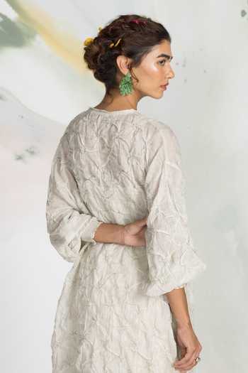 Ilk_Ivory Silk, Tissue Embroidery, Beads V-neck Starwork Midi Dress _Online_at_Aza_Fashions