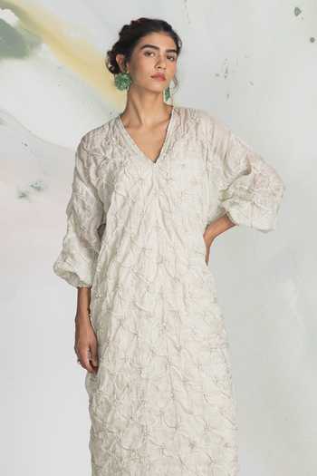 Buy_Ilk_Ivory Silk, Tissue Embroidery, Beads V-neck Starwork Midi Dress _Online_at_Aza_Fashions
