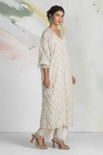 Shop_Ilk_Ivory Silk, Tissue Embroidery, Beads V-neck Starwork Midi Dress _Online_at_Aza_Fashions