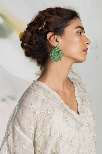 Ilk_Ivory Silk, Tissue Embroidery, Beads V-neck Starwork Midi Dress _at_Aza_Fashions
