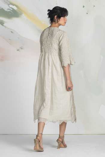 Shop_Ilk_Ivory Silk, Tissue Embroidery, Beads, Smocking Round Neck Cluster Smocked Dress _at_Aza_Fashions