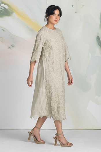 Ilk_Ivory Silk, Tissue Embroidery, Beads, Smocking Round Neck Cluster Smocked Dress _Online_at_Aza_Fashions