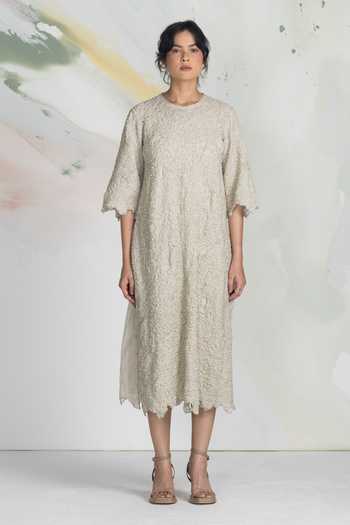 Buy_Ilk_Ivory Silk, Tissue Embroidery, Beads, Smocking Round Neck Cluster Smocked Dress _at_Aza_Fashions