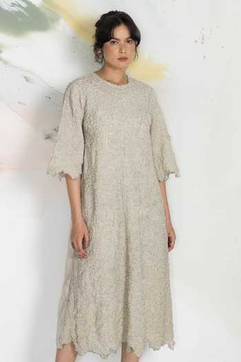 Buy_Ilk_Ivory Silk, Tissue Embroidery, Beads, Smocking Round Neck Cluster Smocked Dress _Online_at_Aza_Fashions
