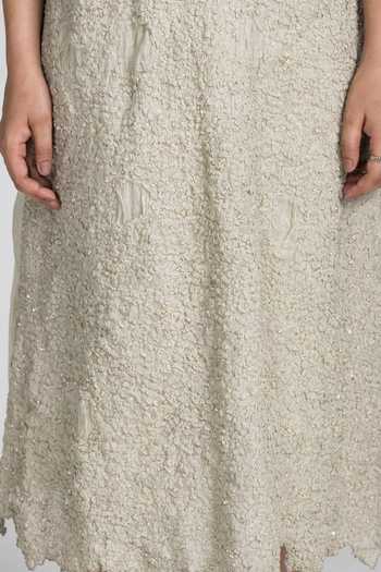 Shop_Ilk_Ivory Silk, Tissue Embroidery, Beads, Smocking Round Neck Cluster Smocked Dress _Online_at_Aza_Fashions
