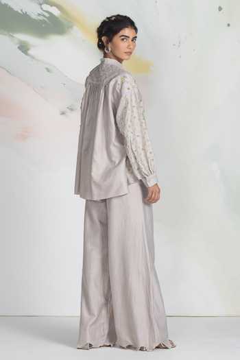 Ilk_Green Silk, Chanderi, Satin Embroidery Mandarin Collar Pebble Shirt _Online_at_Aza_Fashions