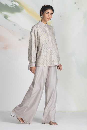 Buy_Ilk_Green Silk, Chanderi, Satin Embroidery Mandarin Collar Pebble Shirt _Online_at_Aza_Fashions