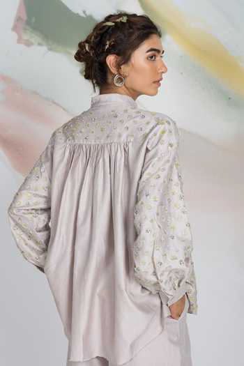 Shop_Ilk_Green Silk, Chanderi, Satin Embroidery Mandarin Collar Pebble Shirt _at_Aza_Fashions