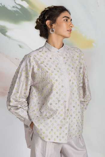 Buy_Ilk_Green Silk, Chanderi, Satin Embroidery Mandarin Collar Pebble Shirt _at_Aza_Fashions