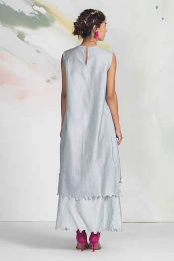 Shop_Ilk_Pink Silk, Chanderi, Satin Embroidery Round Neck Dapple Maxi Dress _at_Aza_Fashions
