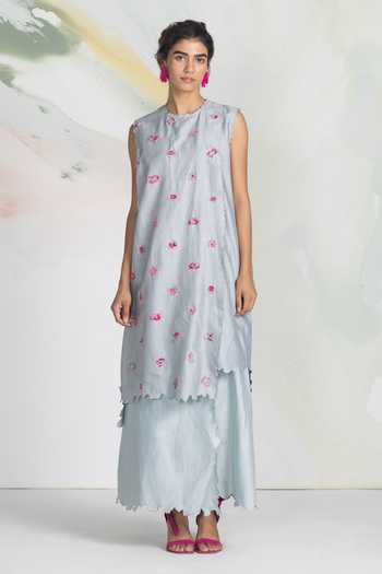 Ilk_Pink Silk, Chanderi, Satin Embroidery Round Neck Dapple Maxi Dress _Online_at_Aza_Fashions