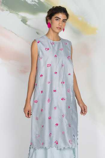 Buy_Ilk_Pink Silk, Chanderi, Satin Embroidery Round Neck Dapple Maxi Dress _Online_at_Aza_Fashions