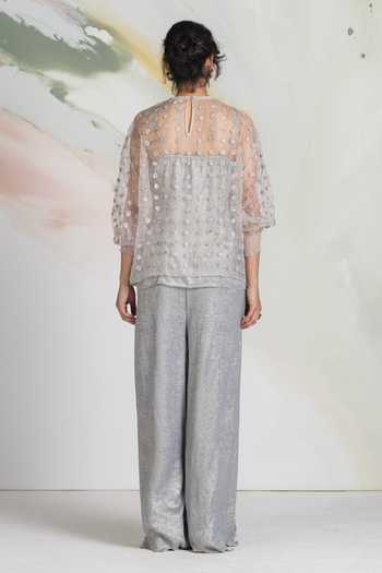 Ilk_Silver Silk Organza Embroidery High Neck Ditsy Mist Sheer Top _Online_at_Aza_Fashions
