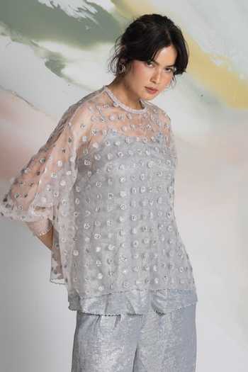 Buy_Ilk_Silver Silk Organza Embroidery High Neck Ditsy Mist Sheer Top _at_Aza_Fashions