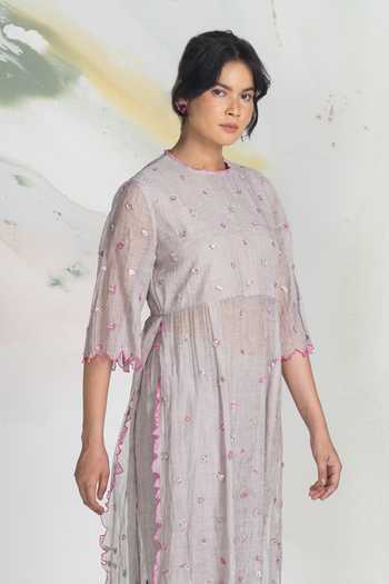 Ilk_Pink Silk, Cotton, Tissue Embroidery Round Neck Trace Kurta _Online_at_Aza_Fashions
