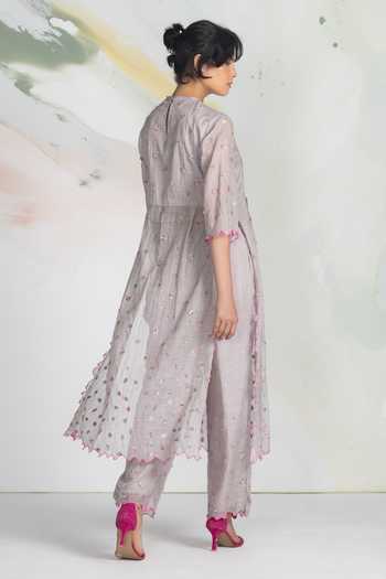 Shop_Ilk_Pink Silk, Cotton, Tissue Embroidery Round Neck Trace Kurta _at_Aza_Fashions
