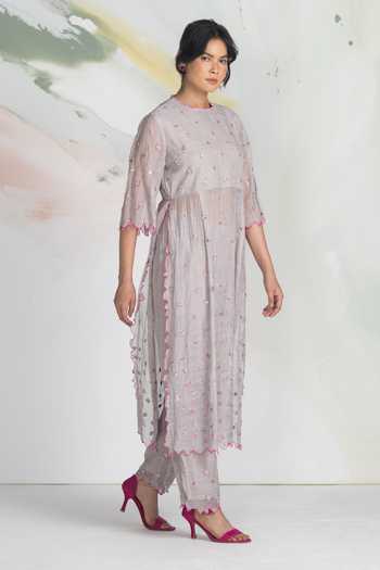Buy_Ilk_Pink Silk, Cotton, Tissue Embroidery Round Neck Trace Kurta _at_Aza_Fashions