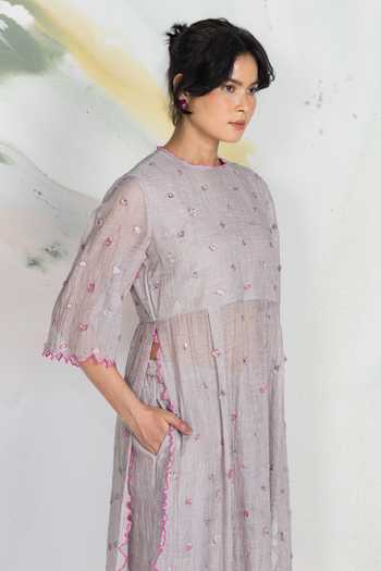 Buy_Ilk_Pink Silk, Cotton, Tissue Embroidery Round Neck Trace Kurta _Online_at_Aza_Fashions